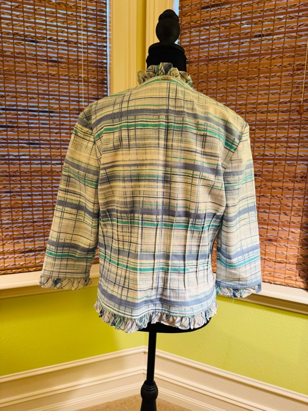 St. John Sport by Marie Gray Cream, Blue & Teal Plaid Fringe-Trim Jacket - Picture 4 of 5